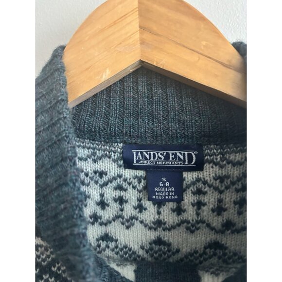 Lands End Sweater Womens Small Full Zip Cardigan Fair Isle VTG Green Nordic Wool - Picture 4 of 10